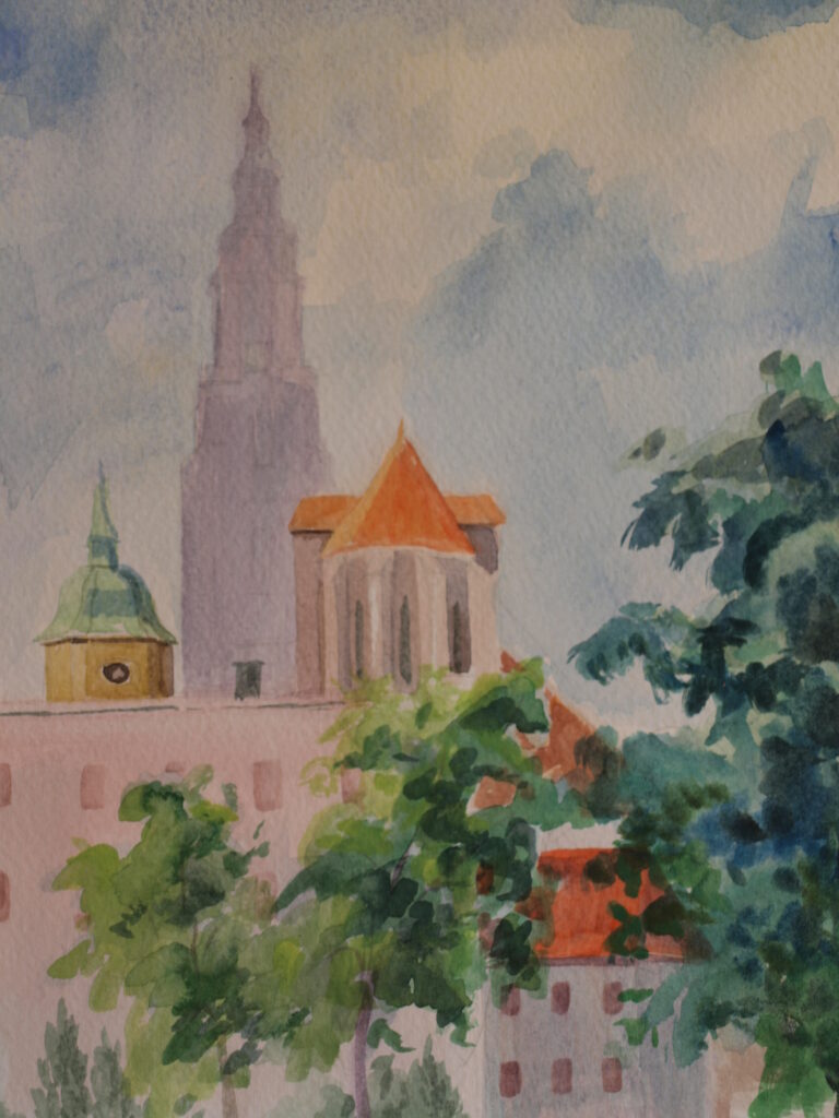 Aquarell, waterpainting, akwarele, akwarela, Świdnica, Swidnica, diecezja świdnicka, malarstwo artystyczne, utsikt, widok na katedrę, architektura miejska, katedra gotycka w świdnicy, gmina Świdnica, kunst, polsk kunst