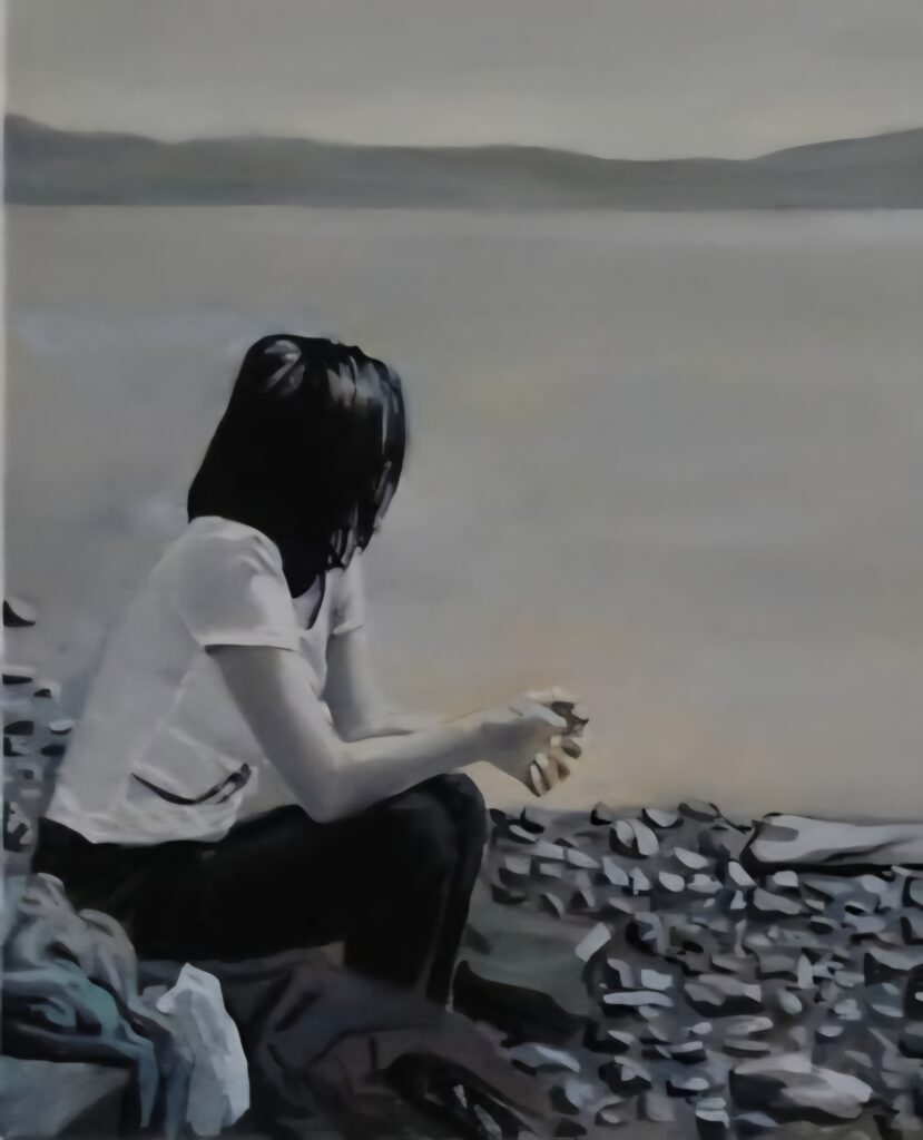 Artystyczny portret czarno-biały – obraz olejny na płótnie w szarościach – ręcznie malowany portret ze zdjęcia