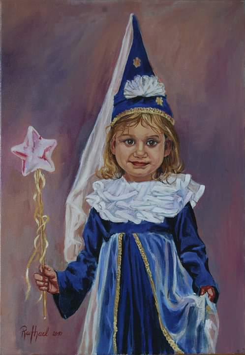 Basniowy portret dziecka na zamówienie – dziewczynka w basniowym stroju wróżki – obraz olejny na płótnie ze zdjęcia